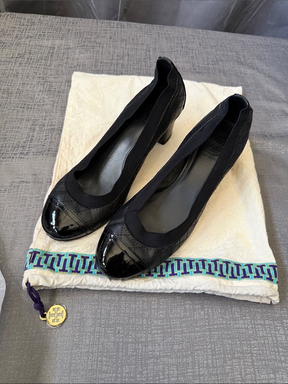 Tory Burch Black Quilted Patent Toe Mid-Heel Pumps